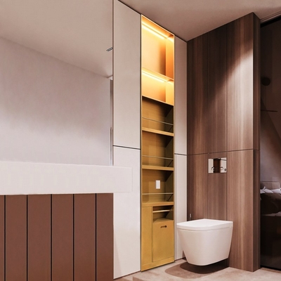 Nicho de chuveiro de banheiro de design moderno com acabamento de superfície escovado e recurso de luz LED